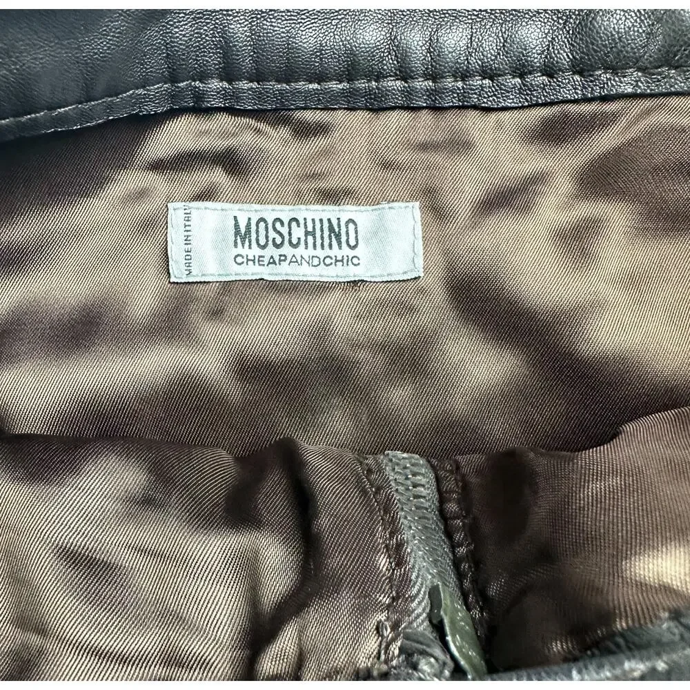Moschino Vintage Italy Genuine Lambskin Leather Zippers Skirt Size 36